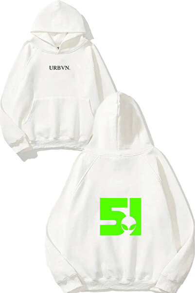 urbvn 51 تصميم مطبوع قصة فضفاضة سويت شيرت أبيض بغطاء رأس