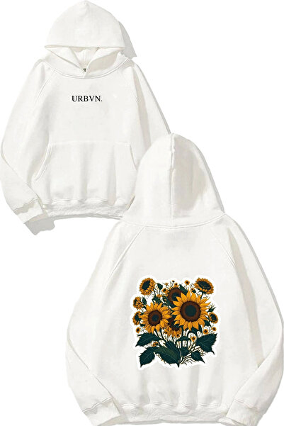 urbvn تصميم عباد الشمس مطبوع قصة فضفاضة سويت شيرت أبيض بغطاء رأس