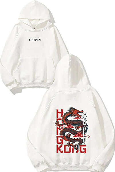 urbvn هونج كونج ديزاين مطبوع قصة فضفاضة سويت شيرت أبيض بغطاء رأس
