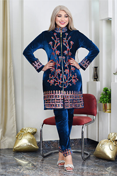 AsrymShop Winter tracksuit, long blouse, zipper, embroidered, petrol blue