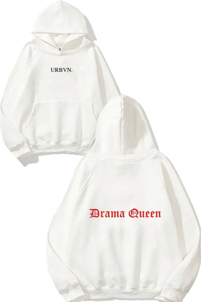 urbvn سويت شيرت دراما كوين ريد ديزاين مطبوع قصة فضفاضة أبيض بغطاء رأس