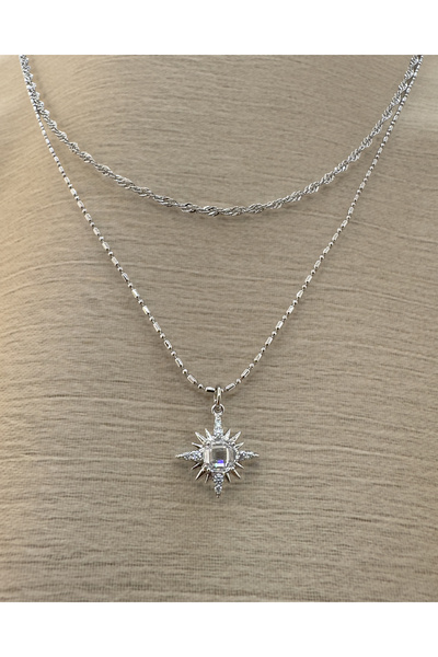 Samu Accessories قلادة نجمة القطب الفضية ذات السلسلة المزدوجة - نجمة الشمال ا...