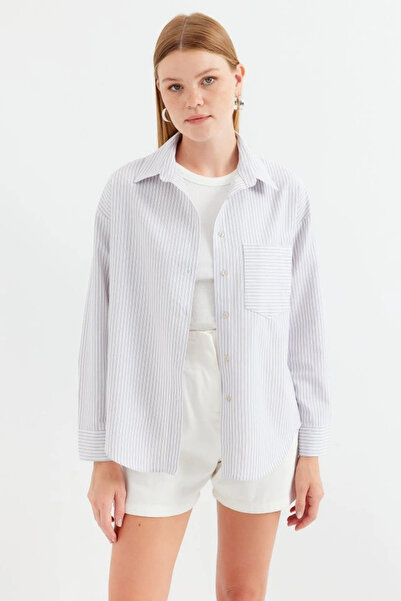nedo7 20212 Single Pocket Striped Oversize Shirt - Beige