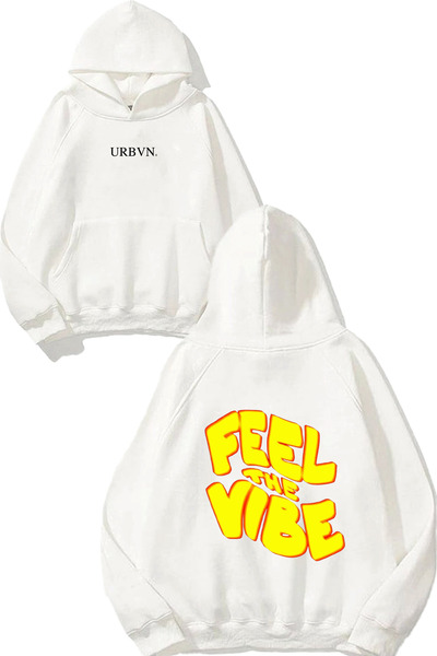 urbvn Feel the Vibe Design Printed Oversized White Hooded Sweatshirt