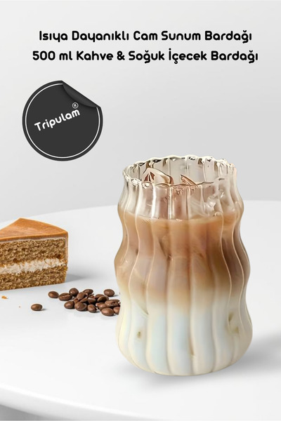 TRİPULAM İskandinav Burgu Cam Kıvrımlı Sunum Bardağı – 500 ml Kahve & Soğuk İ...