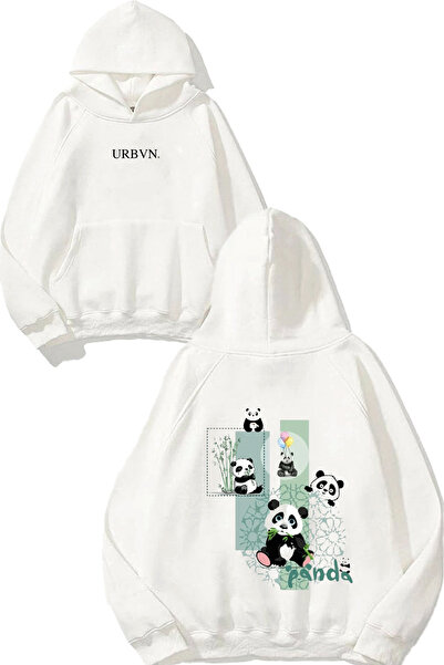 urbvn تصميم باندا مطبوع قصة فضفاضة سويت شيرت أبيض بغطاء رأس
