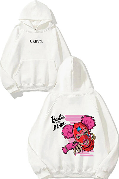 urbvn باربي باندو ديزاين مطبوع قصة فضفاضة سويت شيرت أبيض بغطاء رأس