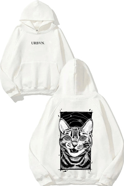 urbvn سويت شيرت هالوسيشن كات ديزاين مطبوع قصة فضفاضة أبيض بغطاء رأس