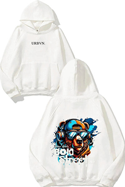 urbvn سويت شيرت بولد ستريت ديزاين مطبوع قصة فضفاضة أبيض بغطاء رأس