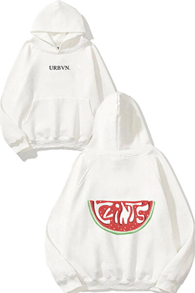 urbvn تصميم نص البطيخ مطبوع قصة فضفاضة سويت شيرت أبيض بغطاء رأس