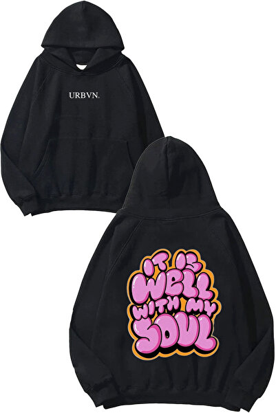 urbvn With Soul Design Printed Oversized Black Hooded Sweatshirt