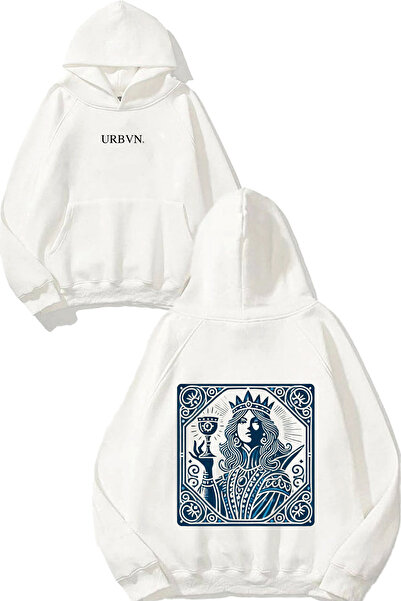urbvn Quenn Girl Design Printed Oversized White Hooded Sweatshirt