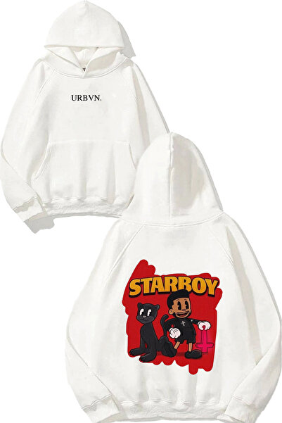 urbvn ستاربوي ويكند ديزاين مطبوع قصة فضفاضة سويت شيرت أبيض بغطاء رأس