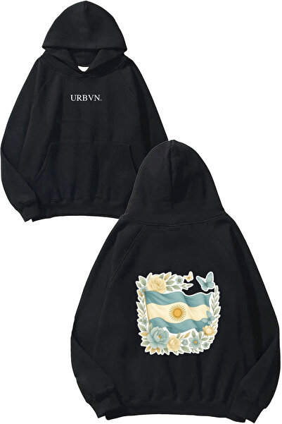 urbvn تصميم العلم مطبوع قصة فضفاضة سويت شيرت أسود بغطاء رأس