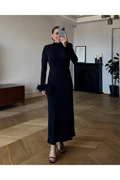 nedo7 Women's Long Sleeve Turtleneck Sleeve Mouth Feather Detailed Long Crepe Dress