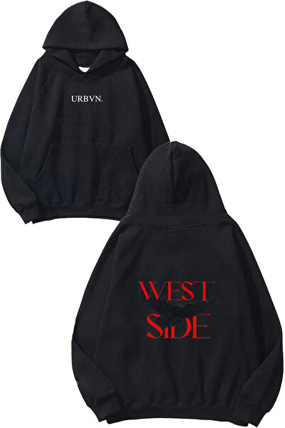 urbvn West Side Design Printed Oversized Black Hooded Sweatshirt