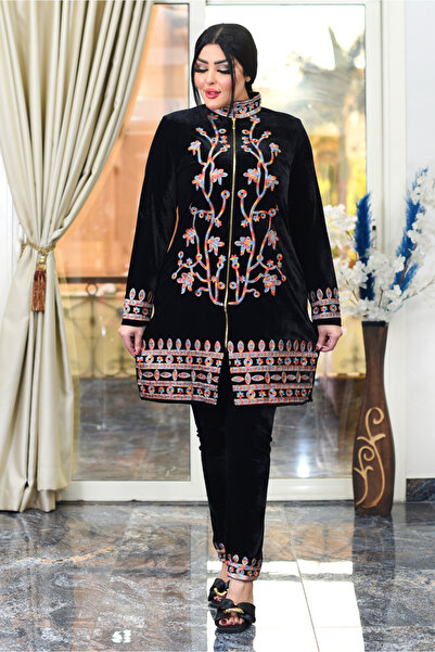 AsrymShop ترنج شتوي بلوزة طويلة سوستة مطرزة اسود