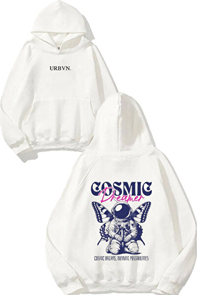 urbvn تصميم كوزميك دريمر مطبوع قصة فضفاضة سويت شيرت أبيض بغطاء رأس