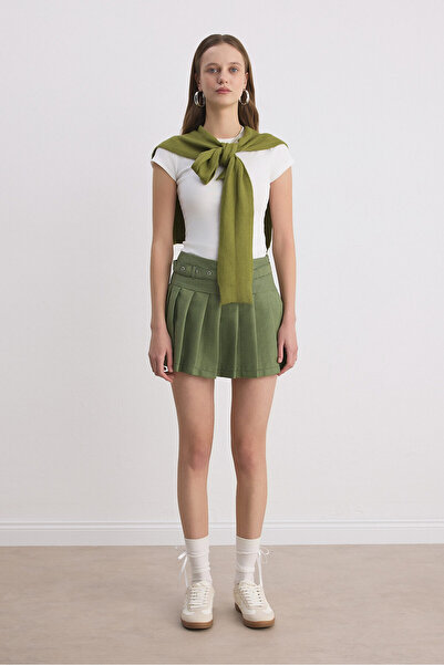 Babushka Houndstooth Green Belted Shorts Skirt