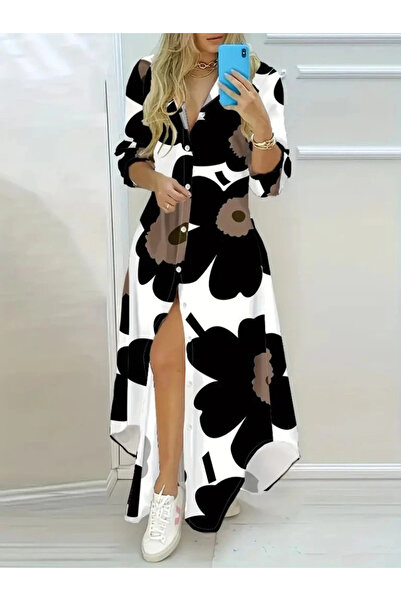 nedo7 Women's Collared Front Buttoned Floral Patterned Long Single Jersey Dress