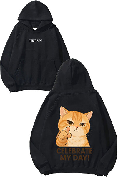 urbvn Celebrate Design Printed Oversized Black Hooded Sweatshirt