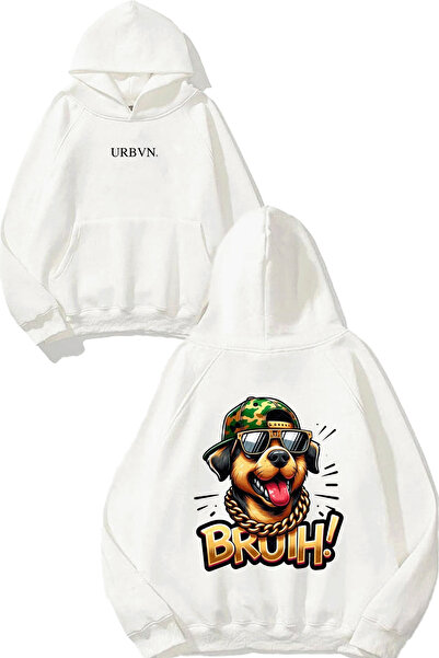 urbvn تصميم قبعة الكلب مطبوع قصة فضفاضة سويت شيرت أبيض بغطاء رأس