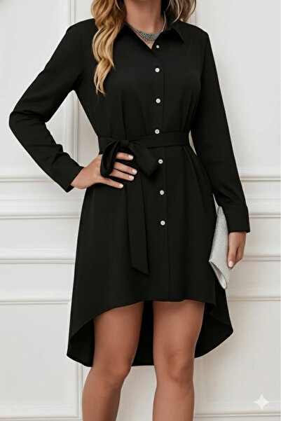 nedo7   Women's Long Sleeve front Part Back Part Long Tricotone Shirt Dress