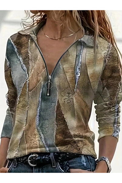 nedo7 Women's Long Sleeve Front Zipper Two Thread Blouse