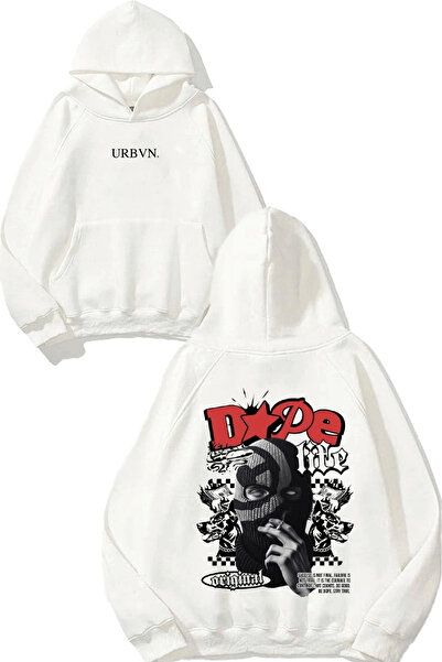 urbvn تصميم دوب جانج مطبوع قصة فضفاضة سويت شيرت أبيض بغطاء رأس