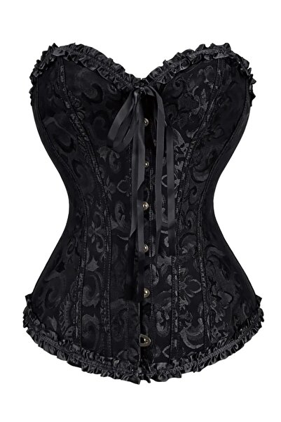 Tual Siyah Kabartmalı Kurdele Detaylı Straplez Korse Büstiyer