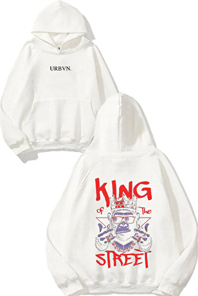 urbvn سترة كينج ستريت ديزاين مطبوع قصة فضفاضة باللون الأبيض بغطاء رأس