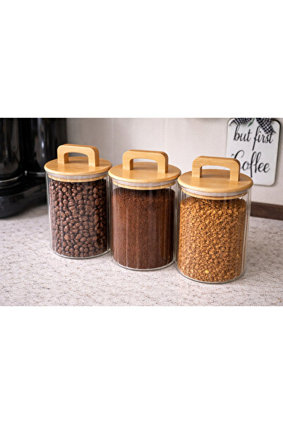 Durina Living 3’lü Bambu Kulplu Kapaklı Cam Kavanoz 750 ml – Çay Kahve Tuz Şe...