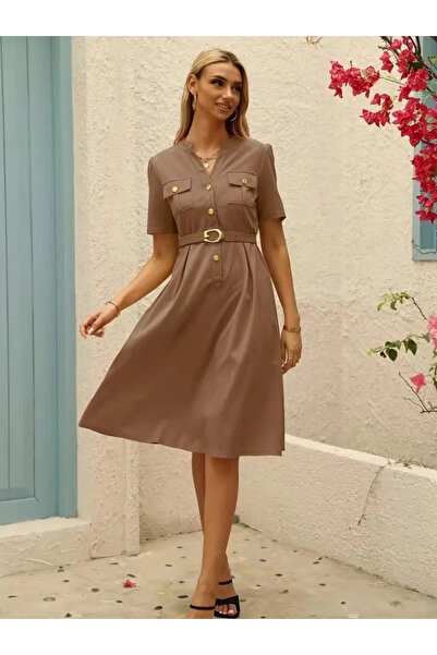 nedo7 Women's Short Sleeve Atlas Dress with Buttons and Belt