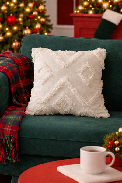 Halımax غطاء وسادة أبيض مزخرف من القطيفة على شكل سحابة، غطاء بتصميم كريمي قابل للغسل، مقاس 43 × 43 سم، قطعة واحدة