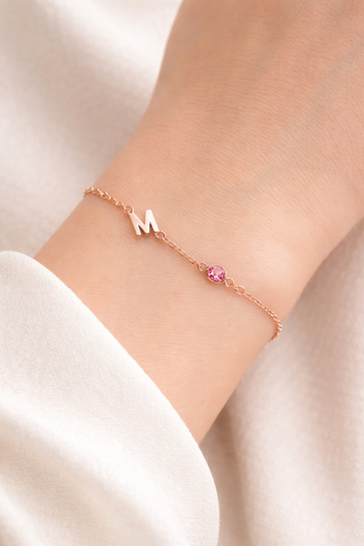 Soleildor Harfli Doğum Taşlı Gümüş Bileklik