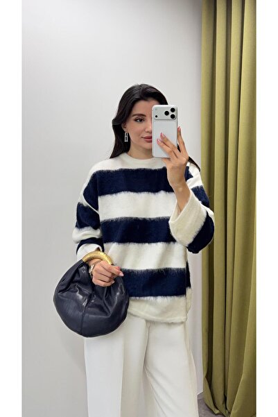 HAZELANNA Bearded Navy Blue Stripe Sweater