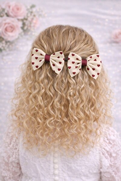 Nati Co Krem Zemin Kırmızı Kalp Desenli Pens Kız Çocuk Tokası 6 cm