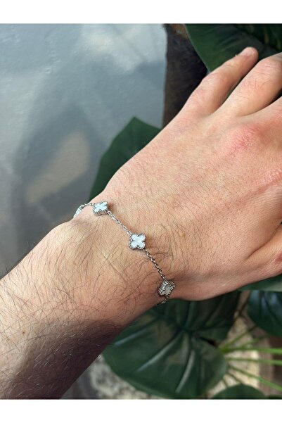 marlone Beyaz Yonca Detaylı Zincir Bileklik