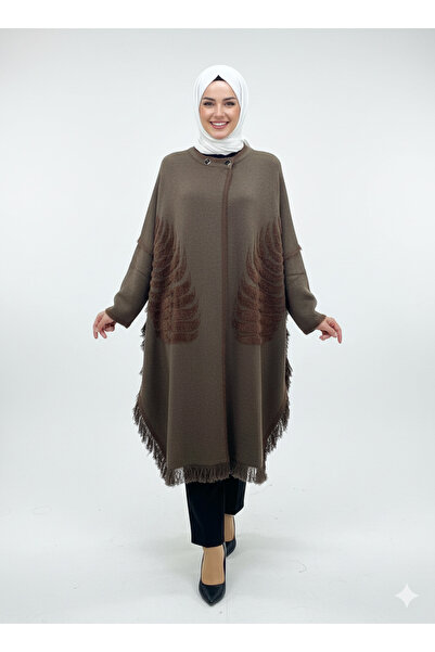 CELTMODA Women's Collared Buttoned Patterned Tasseled Hijab Cashmere Poncho - Brown V