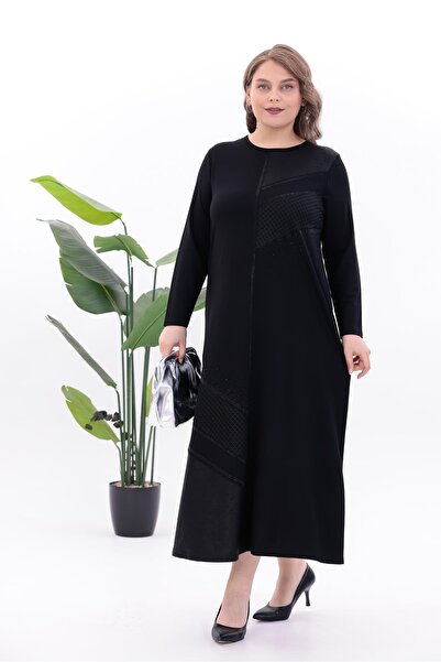 Siyezen Plus Size Lace Detailed Stone Embellished Flared Dress