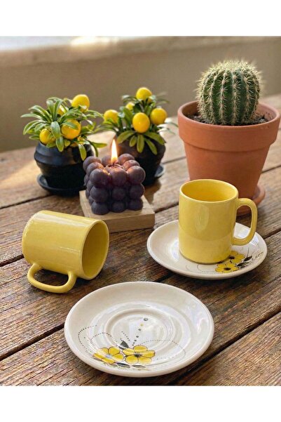 karan home seramik 2 Li Sarı Çiçek Desenli Fincan Takımı