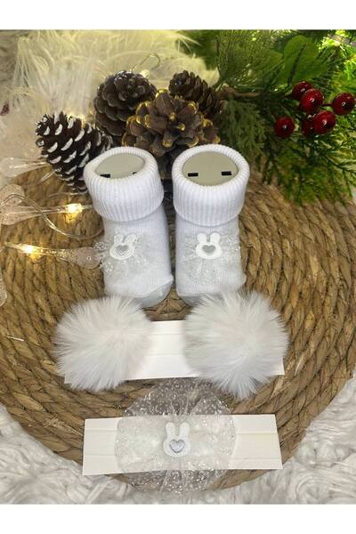 Thalia E-Store Kız Bebek Süslü Çorap Ponpon ve Bandana Set