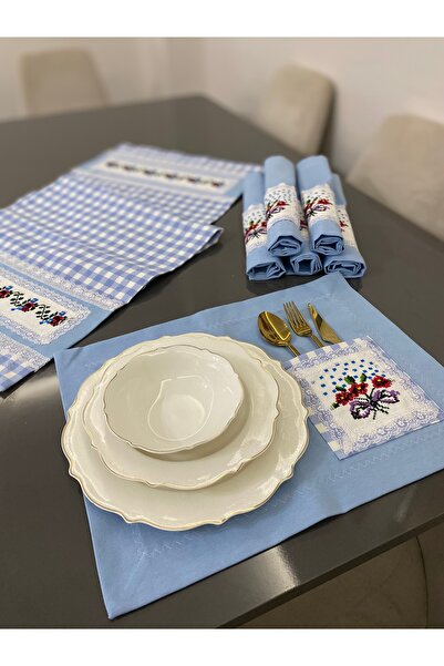 Parla Life Mavi Renk Kanaviçe Detaylı Runner x 6’lı Amerikan Servisi Takımı (...