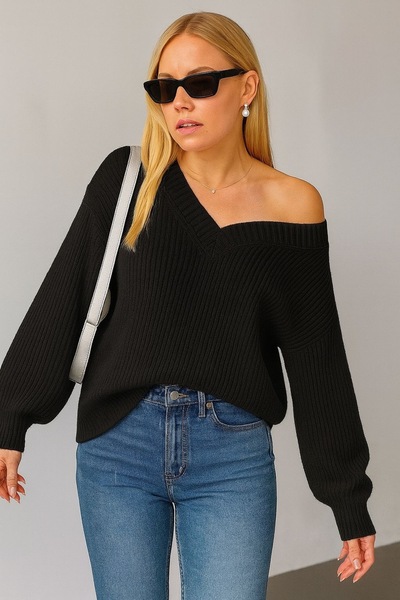 moda mh Women's Dropped Shoulder V-Neck Selani̇k Knit Basic Sweater