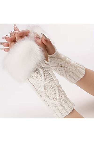 VELORA PRIVE PELUŞ TÜYLÜ MANŞETLİ BAKLAVA DESEN ÖRME KADIN PARMAKSIZ YARIM EL...