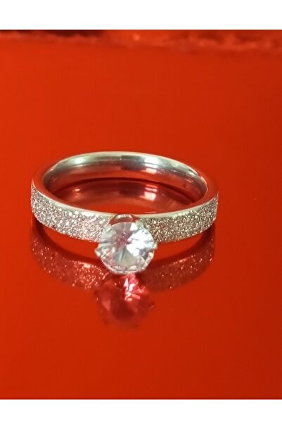 BirYıldızOl Frosted Rhinestone Stainless Steel Çelik Zirkon Taşlı Tek Taş Alyans