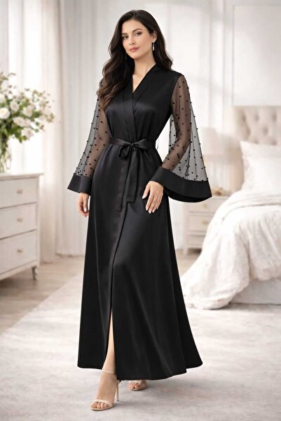 maramm Black Satin Sleeves Pearl Detailed Bridal Dressing Gown Kimono