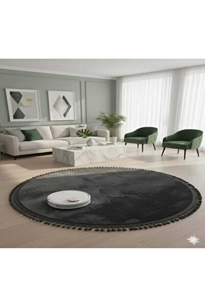 ALTUN CARPET модерен кръгъл плюшен килим с помпони и ресни, с неплъзгаща се о...