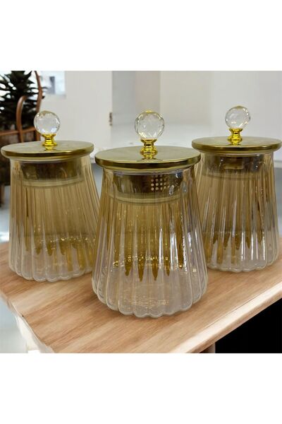 ALEV EMAYE Lüks Cam Kavanoz Seti 3’lü – Gold Kapaklı, Kristal Topuzlu Şık Mutfak Kavanozu