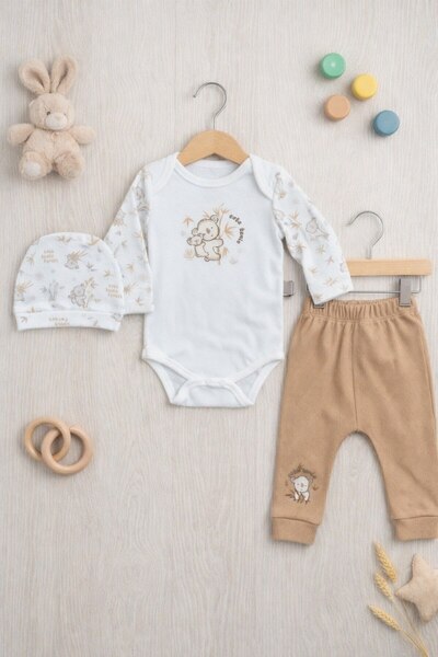 Minelia Kids Baby Boy 100% Cotton 3-Piece Set Bodysuit Pants Hat – Ecru Light...
